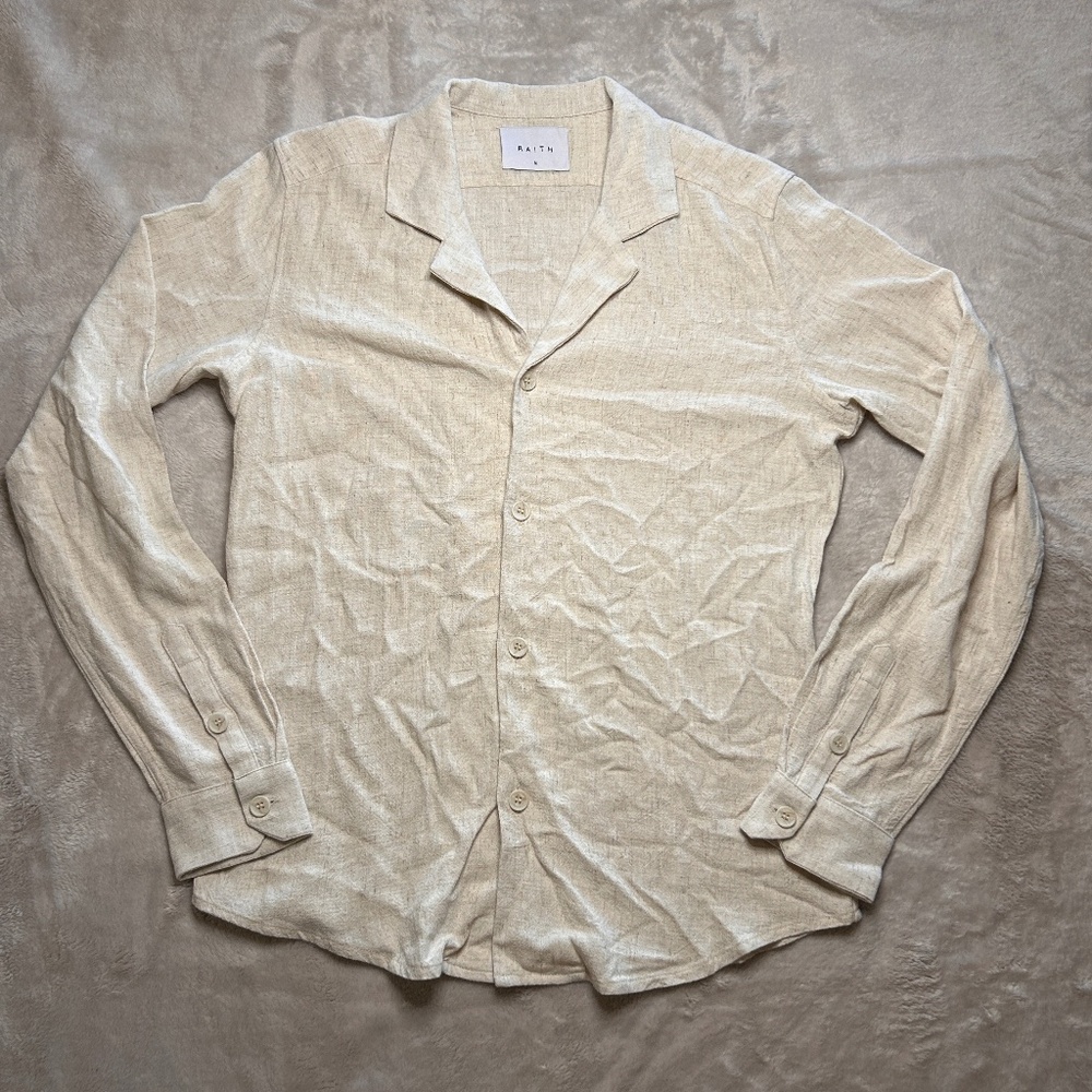 Raith‎ Shirt Mens M Beige Long Sleeve Flax Blend Cuban Collar Quiet Luxury Beach